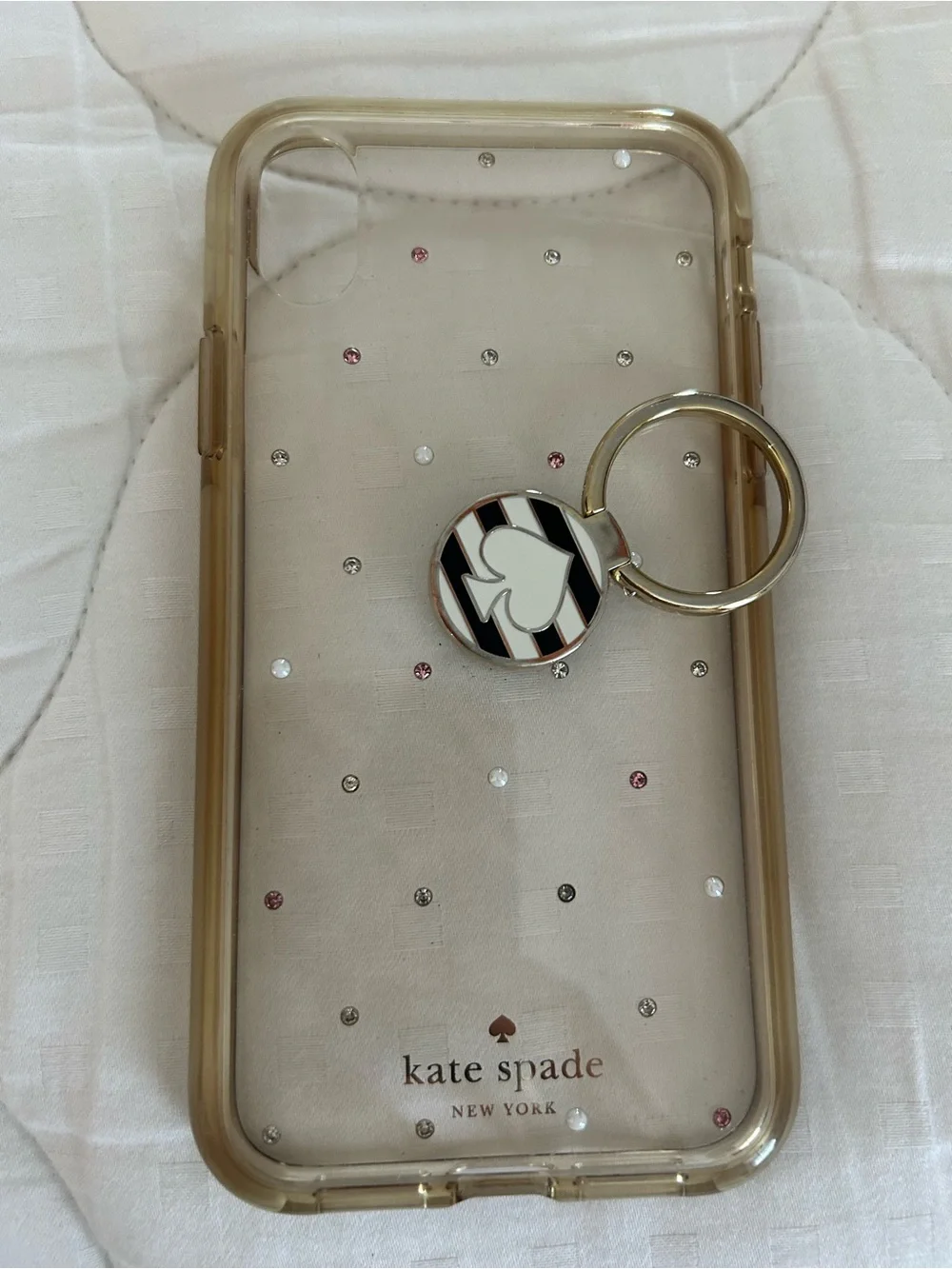 kate spade Clear Phone Case with Gold Trim, Pink & Clear Crystal Dots and Ring
